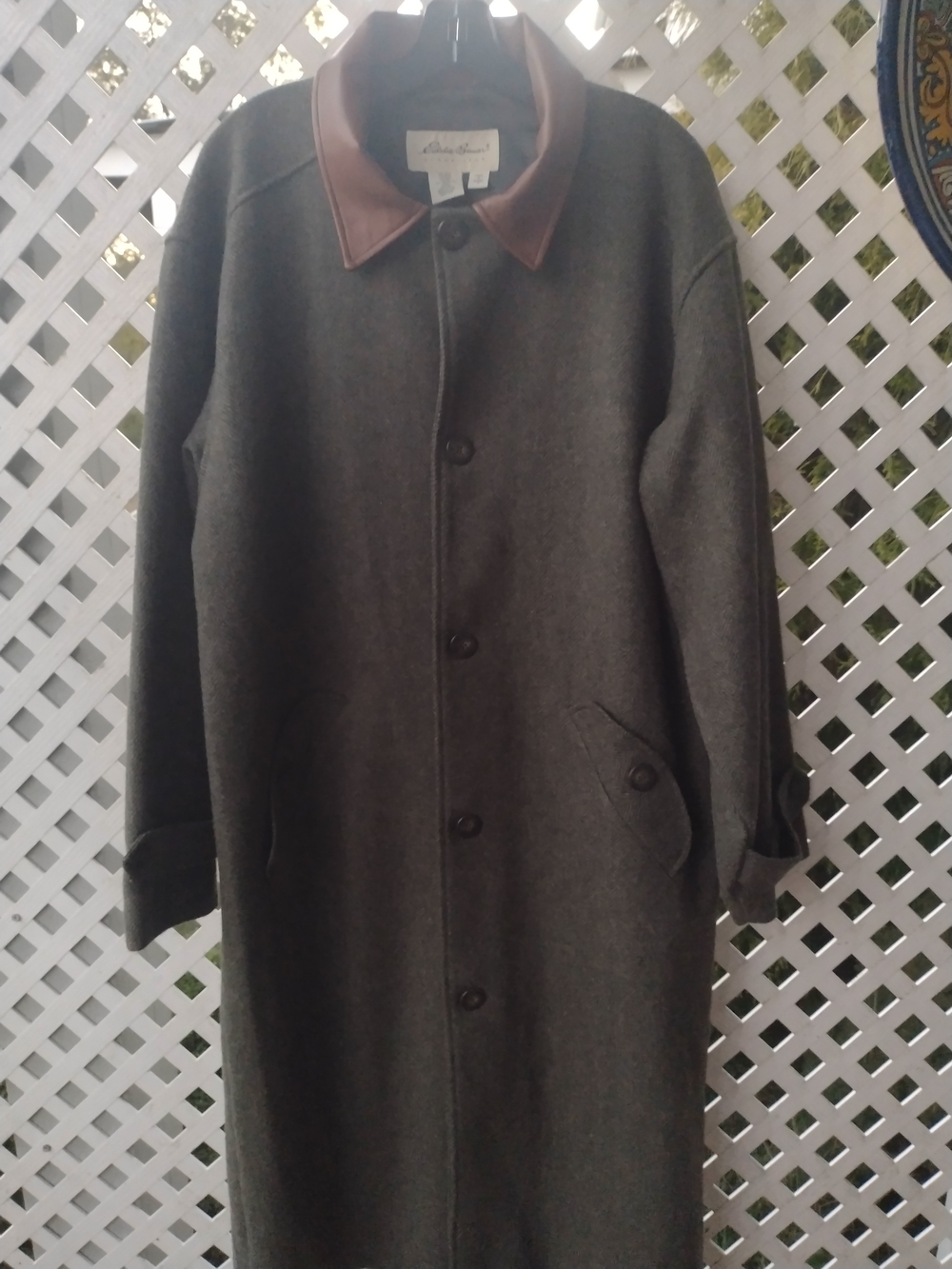 Eddie Bauer Gray Trench Coat with Brown Leather Collar